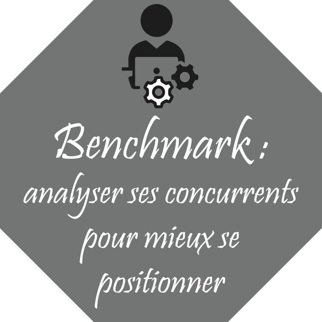 Icône de benchmark et de stratégie, avec une illustration d'ordinateur et d'engrenages, pour la fiche sur l'analyse de la concurrence.