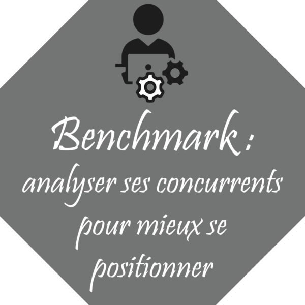 Icône de benchmark et de stratégie, avec une illustration d'ordinateur et d'engrenages, pour la fiche sur l'analyse de la concurrence.