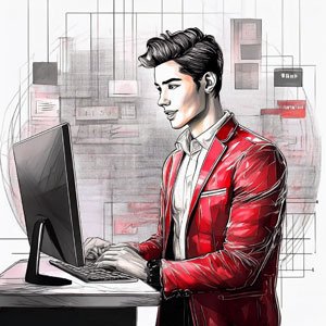 Entrepreneur concentré devant son ordinateur, entouré d’icônes digitaux (CRM, mails, graphiques), ambiance moderne et dynamique