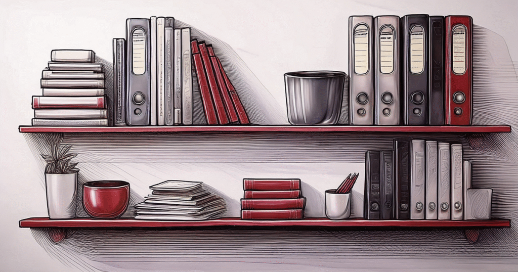 Étagères remplies de dossiers, livres et objets de bureau, représentant la boutique de ressources numériques pour la stratégie commerciale Ac'Com.