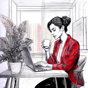 Femme entrepreneure travaillant sur ordinateur portable, illustrant la concentration et la gestion petite entreprise.