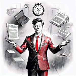Homme jonglant avec des documents et une horloge, illustrant la complexité et la surcharge dans la gestion de petite entreprise.