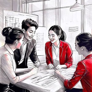 Équipe souriante travaillant en collaboration, représentant la délégation et l'entourage.