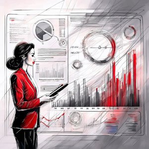 Femme devant un tableau de bord analytique, essentiel pour le suivi des KPI et la gestion de petite entreprise.