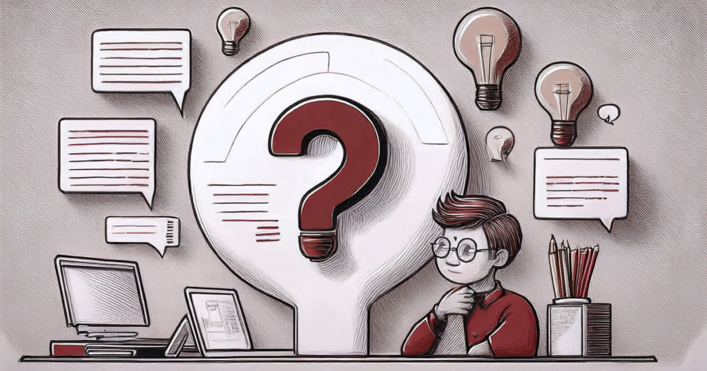 FAQ - Illustration d'un entrepreneur réfléchissant devant un grand point d'interrogation, symbolisant les questions fréquentes sur la stratégie commerciale et l'accompagnement Ac'Com