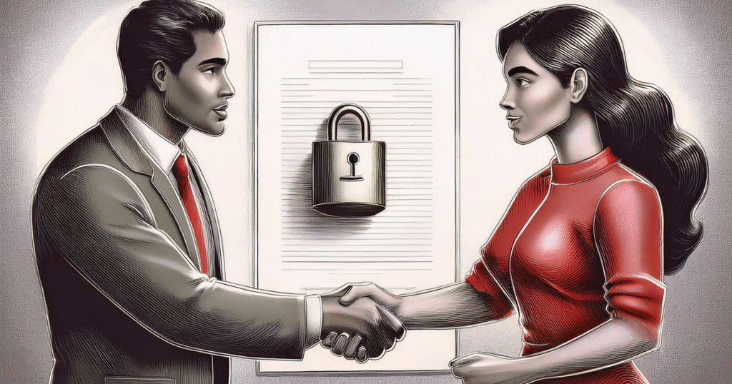 Deux personnes se serrant la main devant un document avec un cadenas, illustrant la sécurité et l'accord des conditions générales de vente (CGV) Ac'Com.