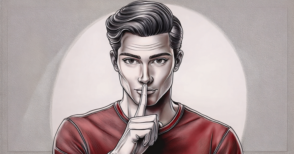 Illustration d'une personne faisant un signe de silence avec le doigt, symbolisant la protection et la confidentialité des données personnelles chez Ac'Com.