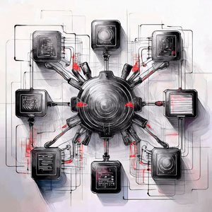 Plusieurs icônes numériques connectées entre elles par des lignes lumineuses, représentant une plateforme digitale sécurisée. Style futuriste doux, teintes bleues et métalliques. Sans texte.