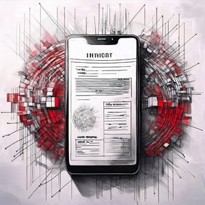  Une facture numérique affichée sur un écran, entourée de petits blocs de données lumineuses organisées, style clair et technologique. Sans texte.