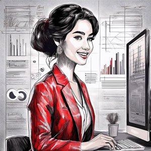 une entrepreneure souriant(e) devant un ordinateur avec un tableau de bord digital clair et lumineux. Style réaliste positif, ambiance professionnelle chaleureuse. Sans texte.